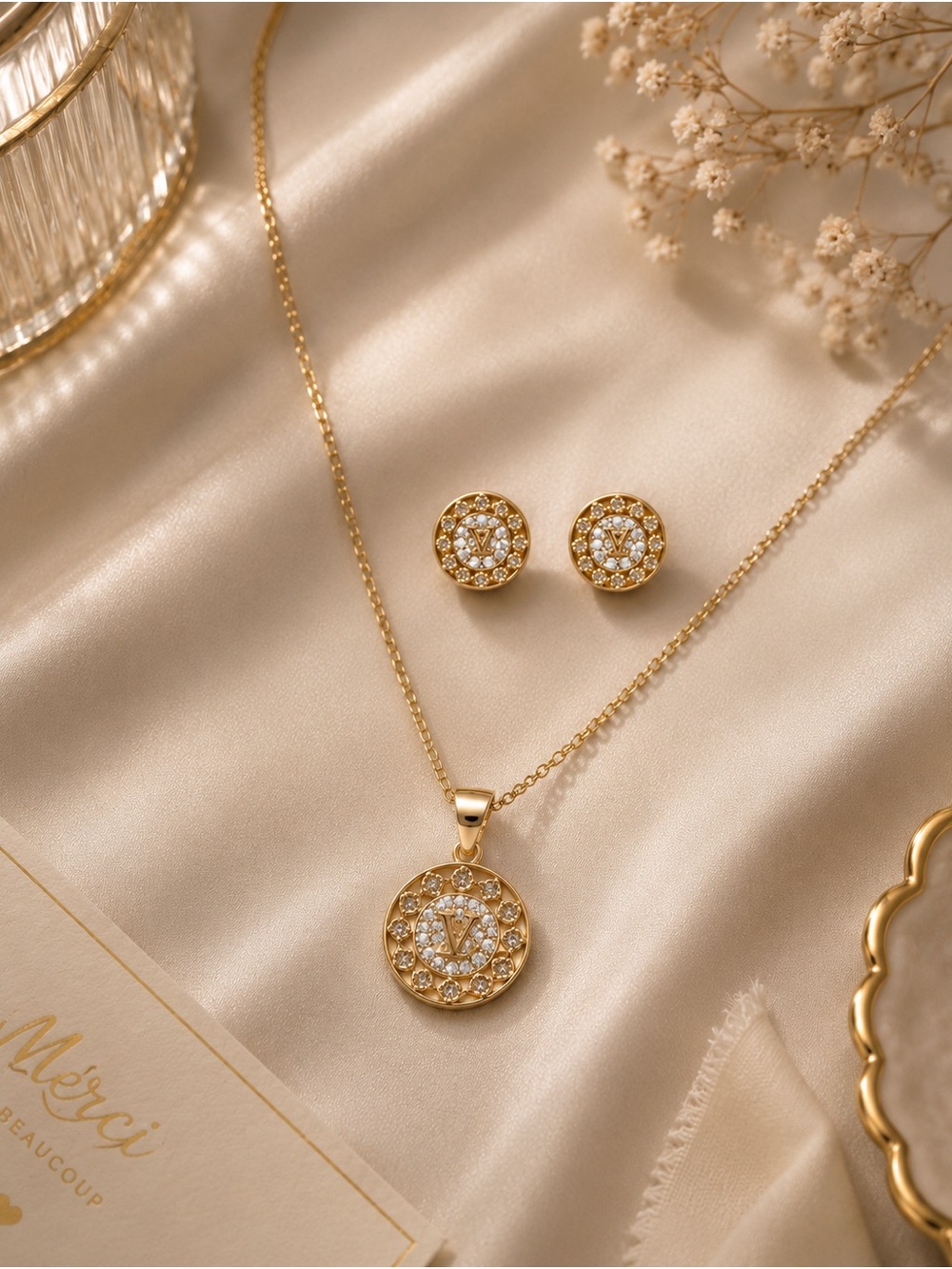 Gold Crystal Round Pendant Necklace and Stud Earrings Set 18k gold filled
